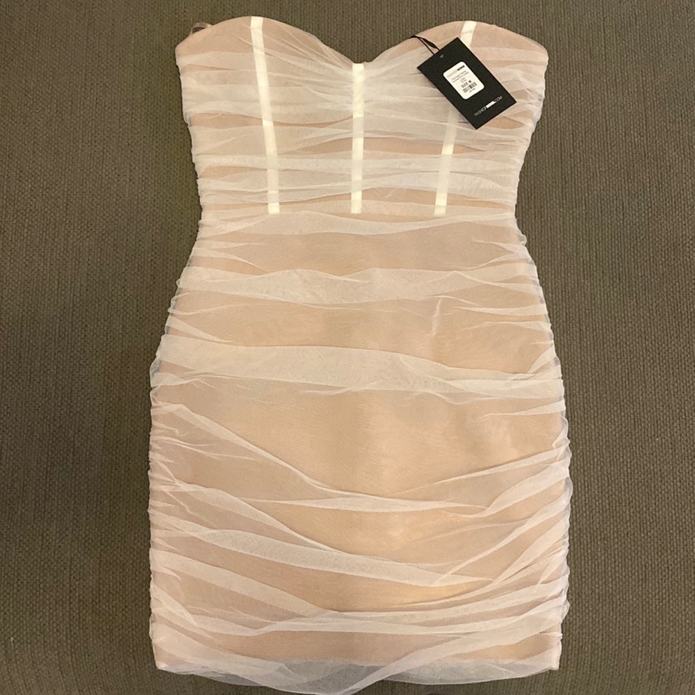 Never worn white/beige rushed dress from fashion nova.